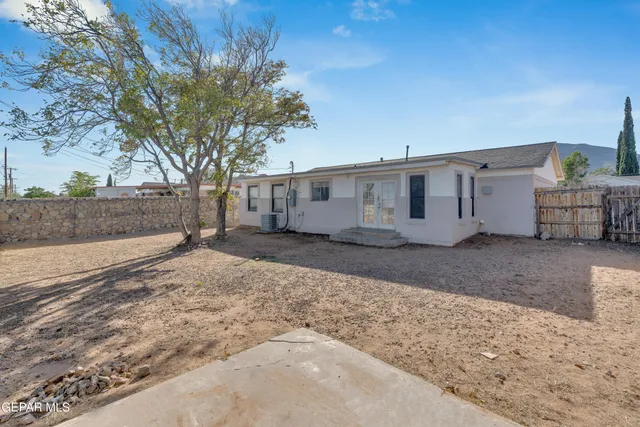 a view of a backyard with large trees