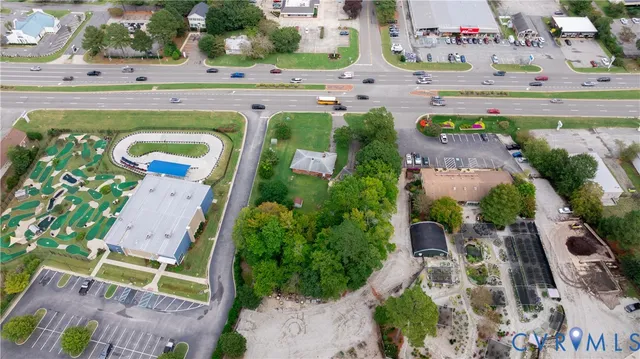 an aerial view of a swimming pool