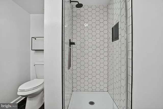 a bathroom with a shower and a toilet