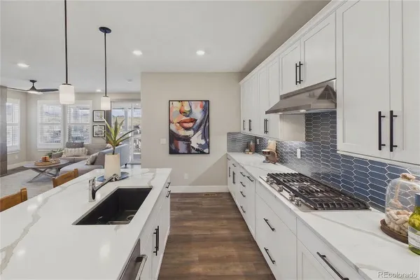 a kitchen with a sink a stove and cabinets