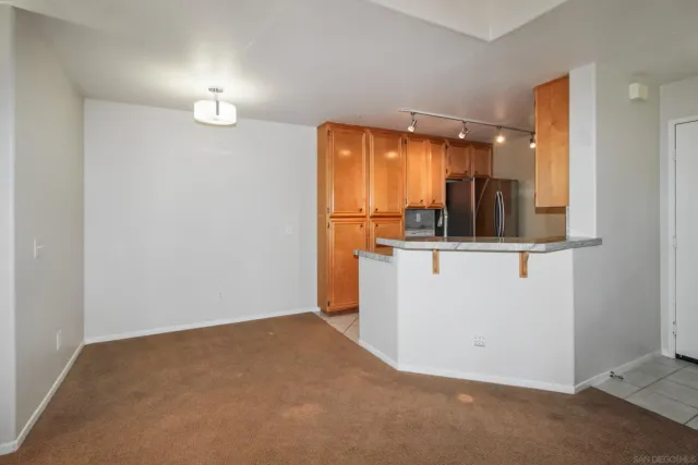 an empty room with a bathroom