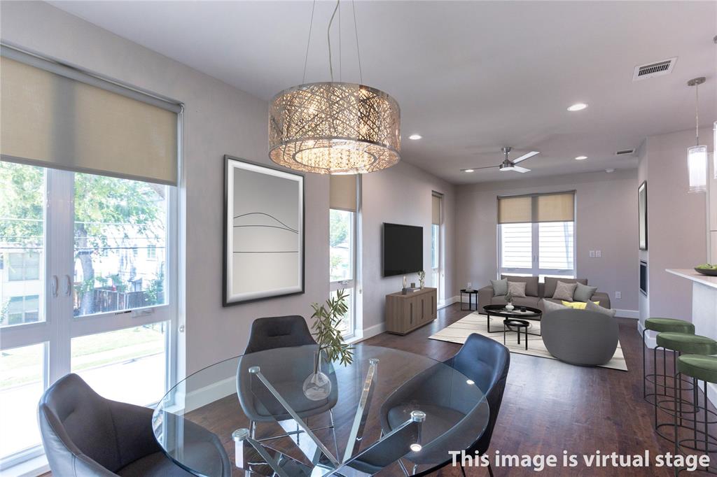 2016 North Fitzhugh Avenue, Unit 101 Dallas, TX 75204 - Photo 3 of 26 Dining room featuring ceiling fan, recessed lighting, dark wood finished floors, and a chandelier