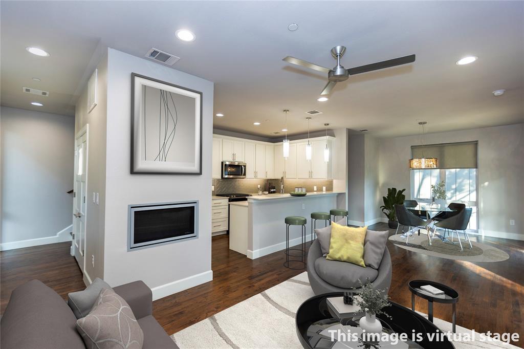 2016 North Fitzhugh Avenue, Unit 101 Dallas, TX 75204 - Photo 6 of 26 Living area featuring dark wood-style floors, recessed lighting, and a ceiling fan