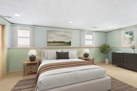 a bedroom with a large bed and a window