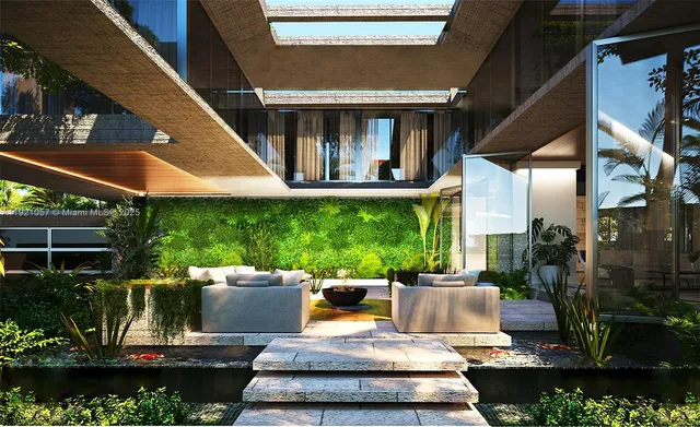 a view of a patio with table and chairs potted plants with wooden floor and floor to ceiling window
