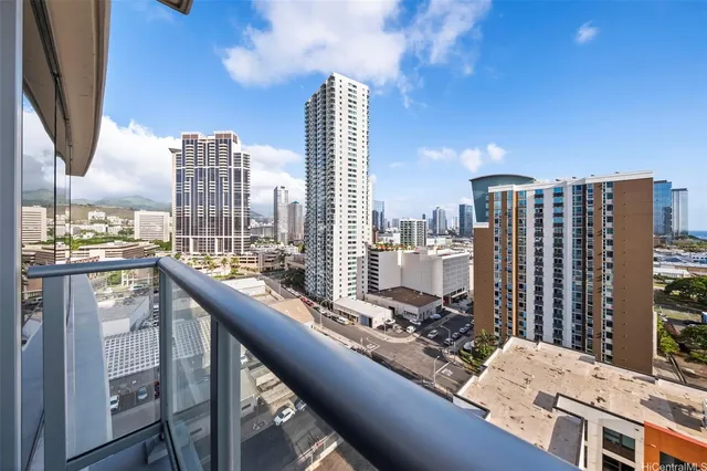 a city view with tall buildings