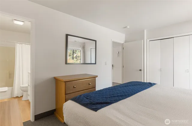 a bedroom with a bed and a table in it