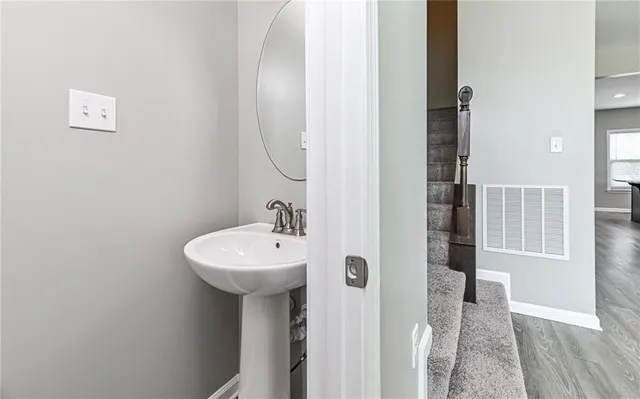 a bathroom with a sink a mirror and a shower