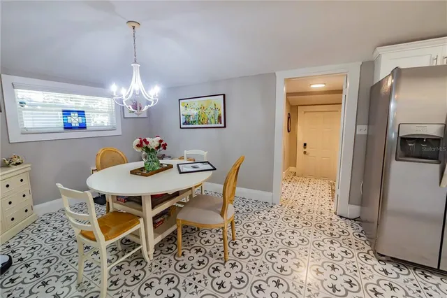 a view of a dining room with furniture
