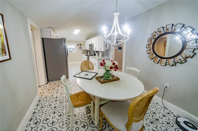 a view of a dining room with furniture