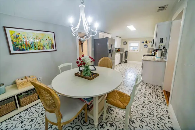 a view of a dining room with furniture