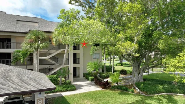 a view of backyard with plants and outdoor seating