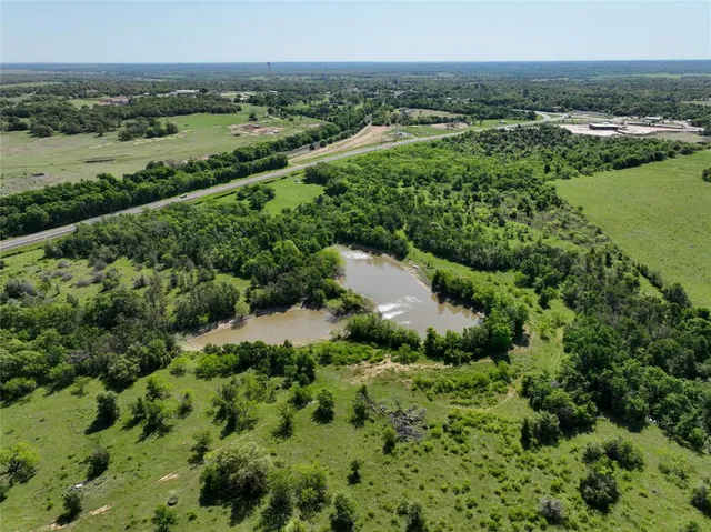 an aerial view of green landscape with trees houses and mountain view