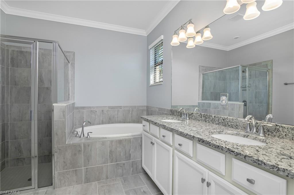 19952 Beverly Park Road Estero, FL 33928 - Photo 12 of 32 a bathroom with a granite countertop sink a large mirror and a bathtub