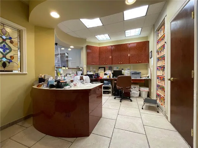 a view of a dining room with furniture