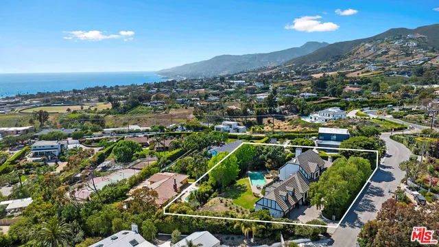 an aerial view of residential houses with outdoor space and trees
