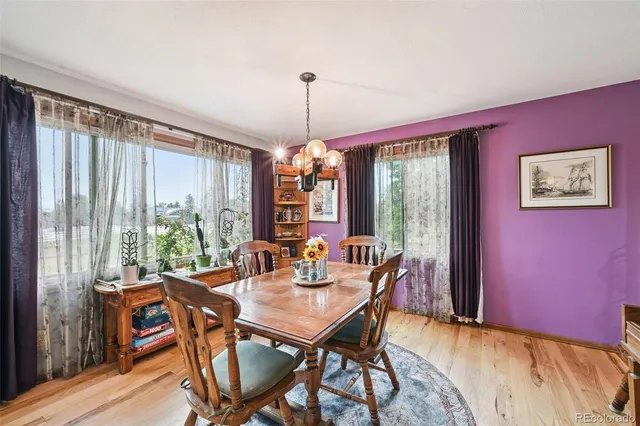 a view of a dining room with furniture window and outside view