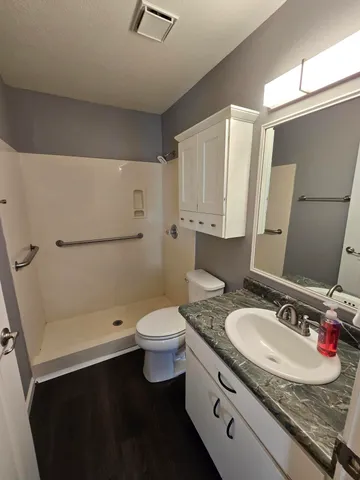 a bathroom with a granite countertop sink toilet and shower