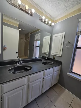 a bathroom with a double vanity sink and a mirror