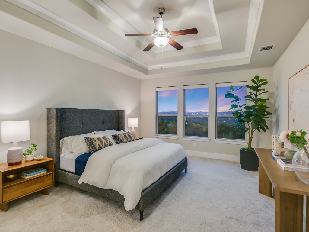 2610 Sunset Vista Circle, Unit 16 Spicewood, TX 78669 - Photo 15 of 28 Carpeted bedroom with a raised ceiling and a ceiling fan