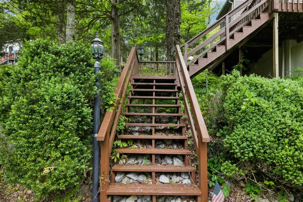 a view of a lush green forest with swimming pool