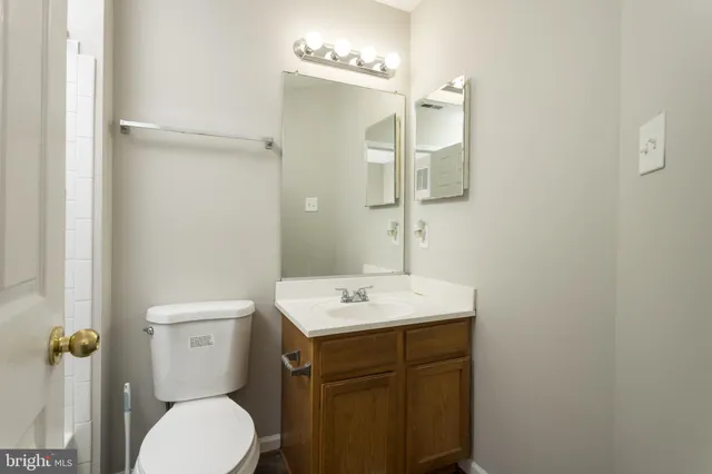 a bathroom with a toilet a sink a mirror and vanity