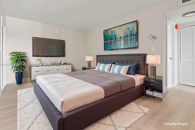 a bedroom with a large bed and a flat screen tv