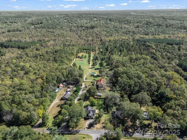a view of a city with lush green forest