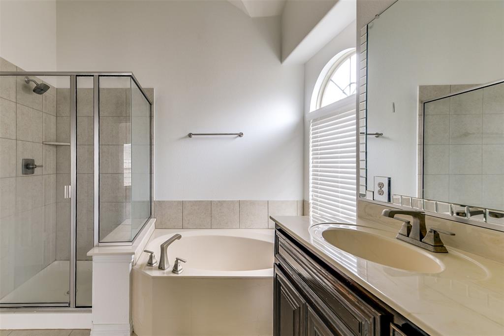 123 Quail Run Road Red Oak, TX 75154 - Photo 20 of 30 a bathroom with a granite countertop sink a mirror and shower