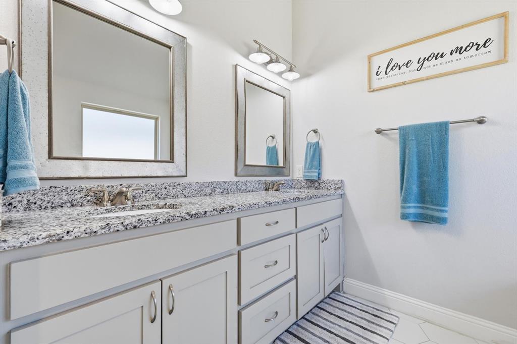 4101 Windmill Court Sanger, TX 76266 - Photo 20 of 36 a bathroom with a granite countertop sink and a mirror
