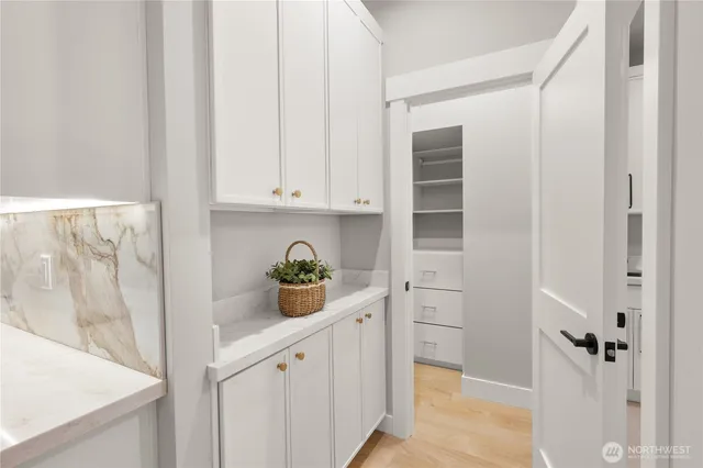 a view of cabinets and window