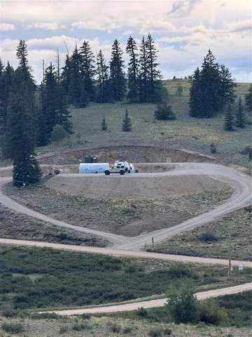 a view of a dry yard with trees