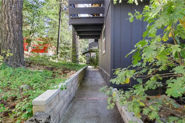 a view of a pathway that has plants and a bench in it