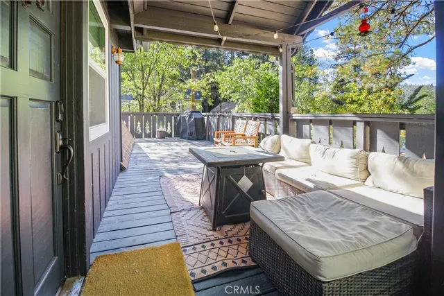 a balcony with furniture and a potted plant