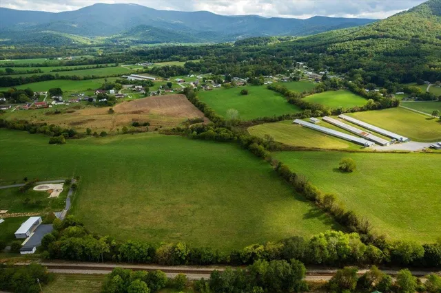 an aerial view of green landscape with trees houses and mountain view