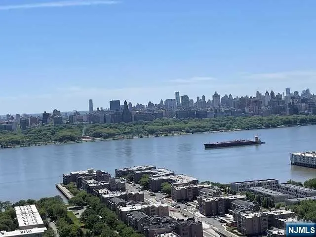 a view of a lake with tall buildings in the background