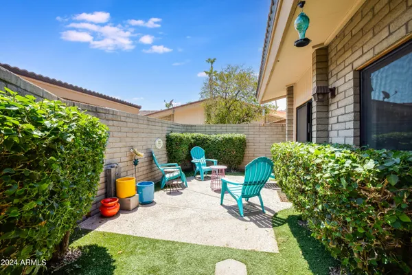 a building outdoor space with seating space