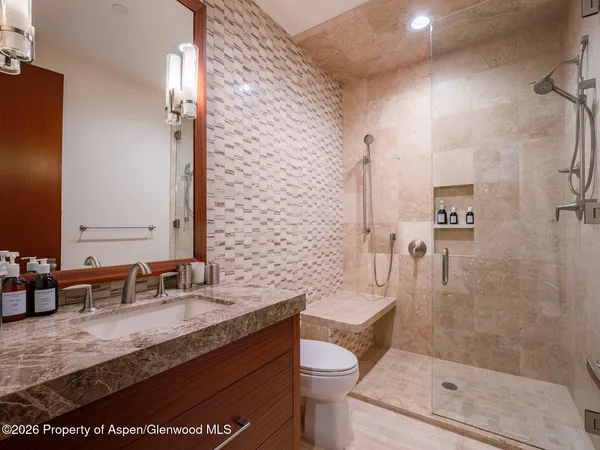 a bathroom with a granite countertop sink a toilet and shower