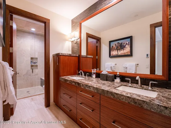 a bathroom with a sink a mirror and a shower