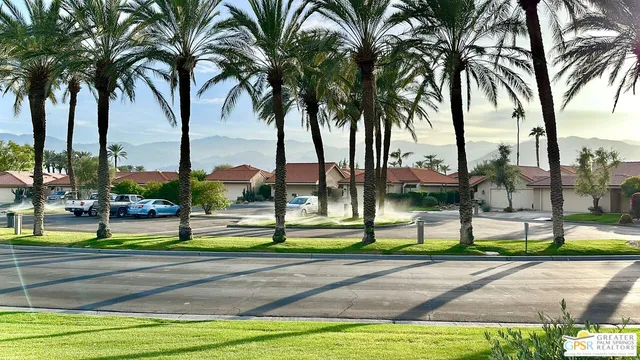 a view of beach with palm trees