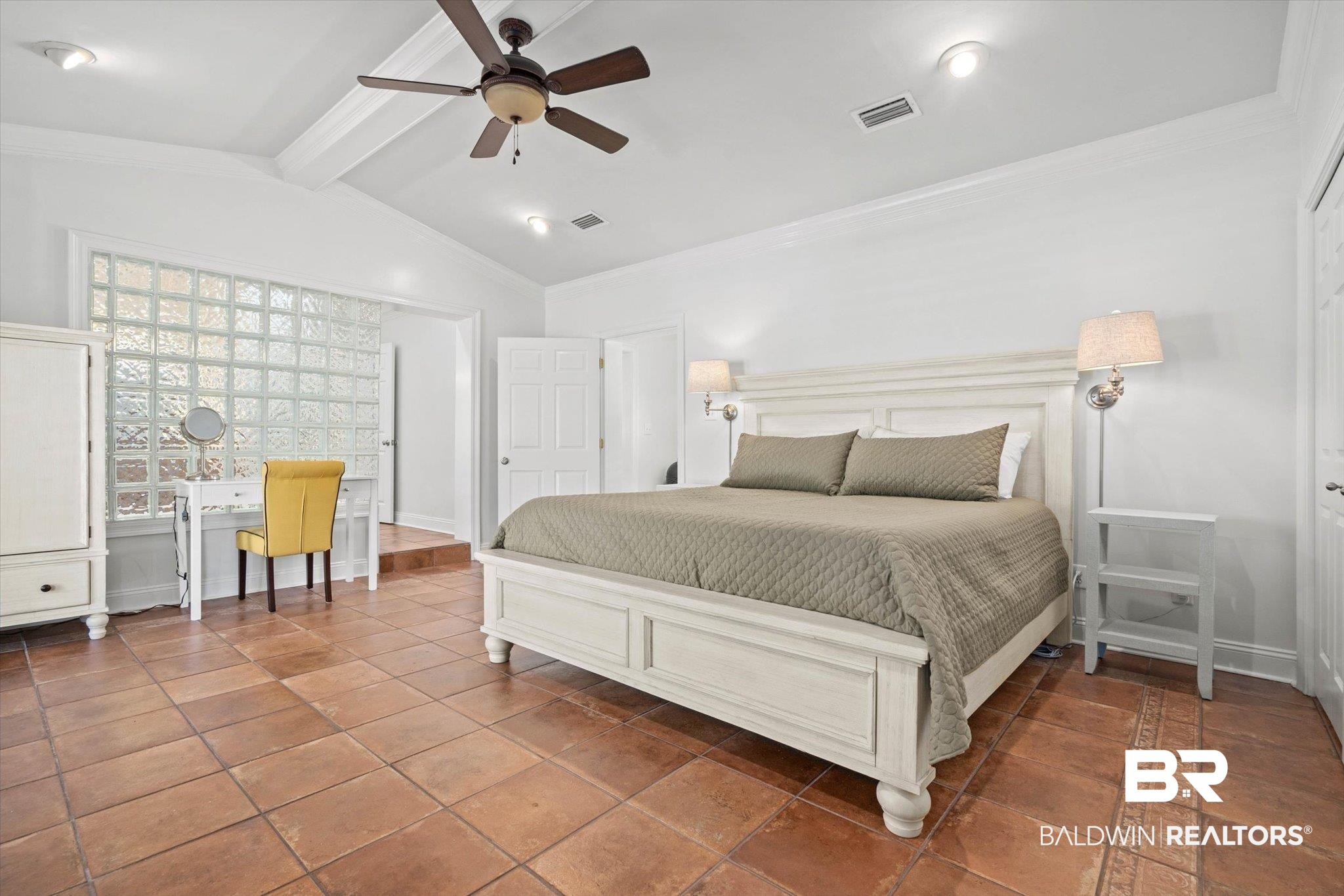 3720 Rabbit Creek Court Theodore, AL 36582 - Photo 11 of 47 Bedroom with an office area, ornamental molding, a ceiling fan, tile patterned flooring, and a decorative wall