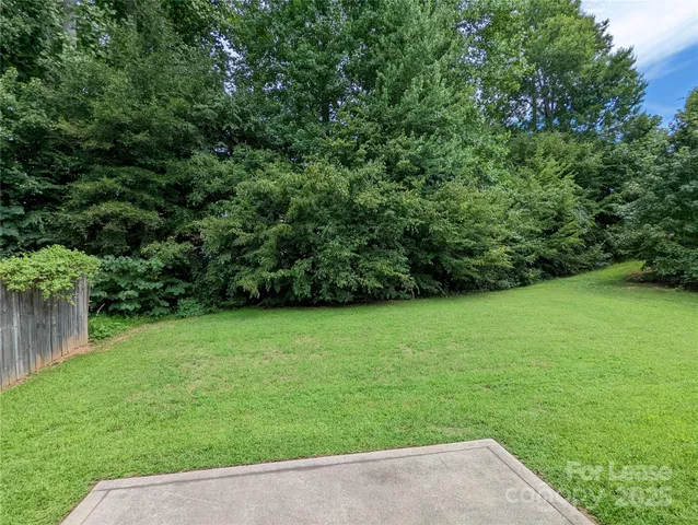 a view of a yard with a wooden fence