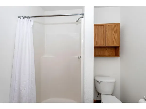 a bathroom with a shower and a toilet