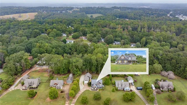 an aerial view of a forest with houses