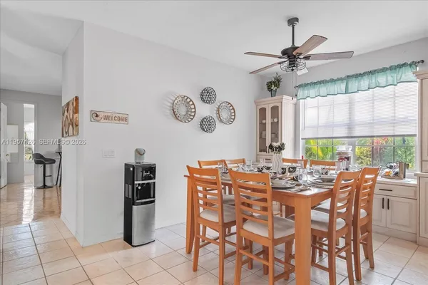 a view of a dining room with furniture window and outside view