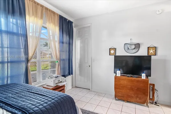 a bedroom with a bed and flat screen tv