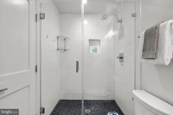a bathroom with a shower and toilet