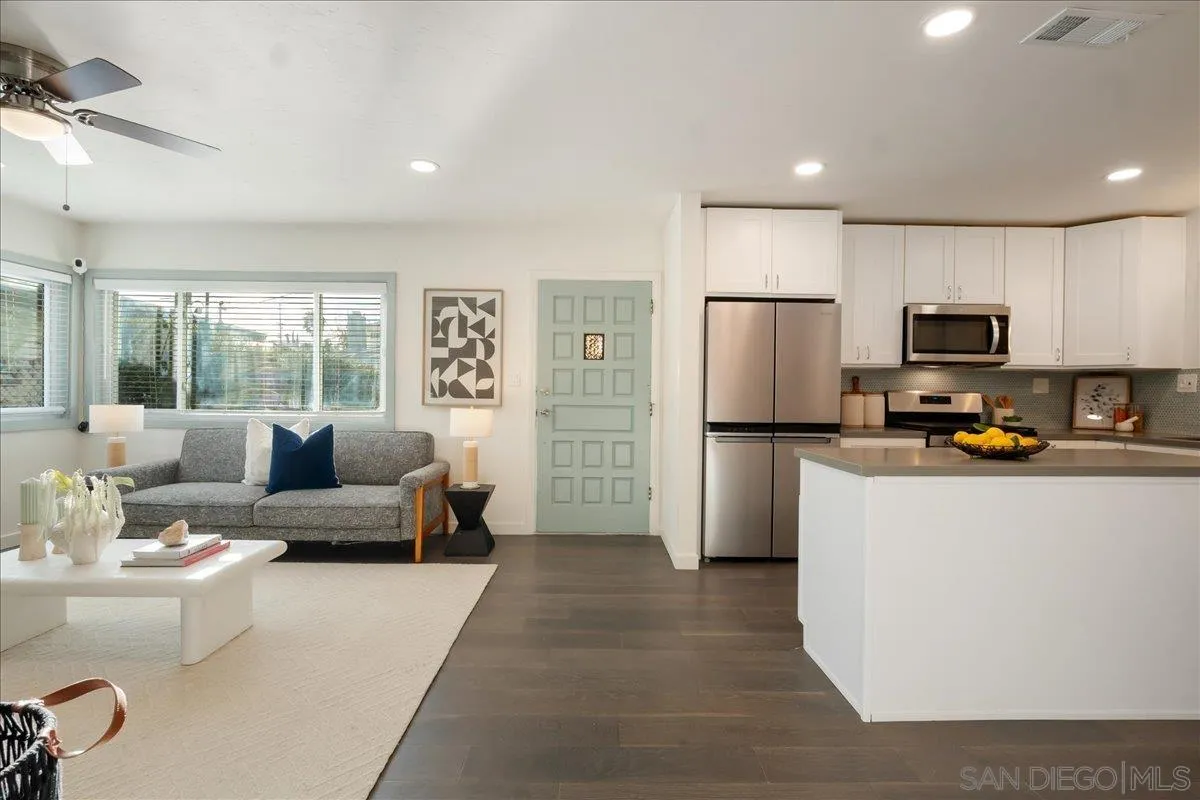 941 8th Street Imperial Beach, CA 91932 - Photo 2 of 22 a living room with furniture a refrigerator and a fireplace