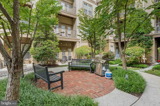 a view of a bench in a garden