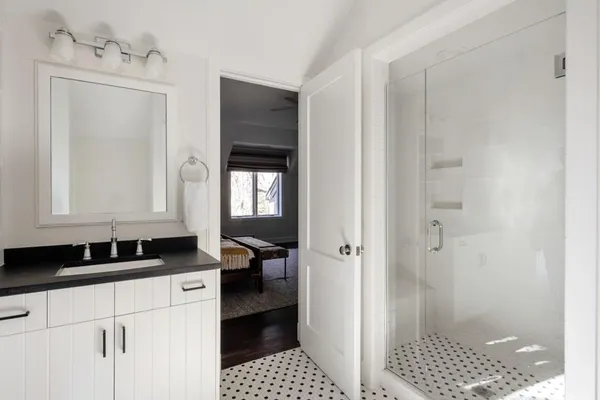 a bathroom with a sink a mirror and a shower